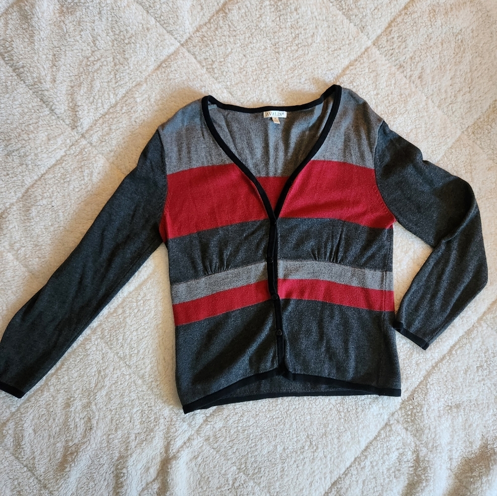 Medium Color Blocked Avalin Cardigan Button Up V-neck Sweater Gathered Detail